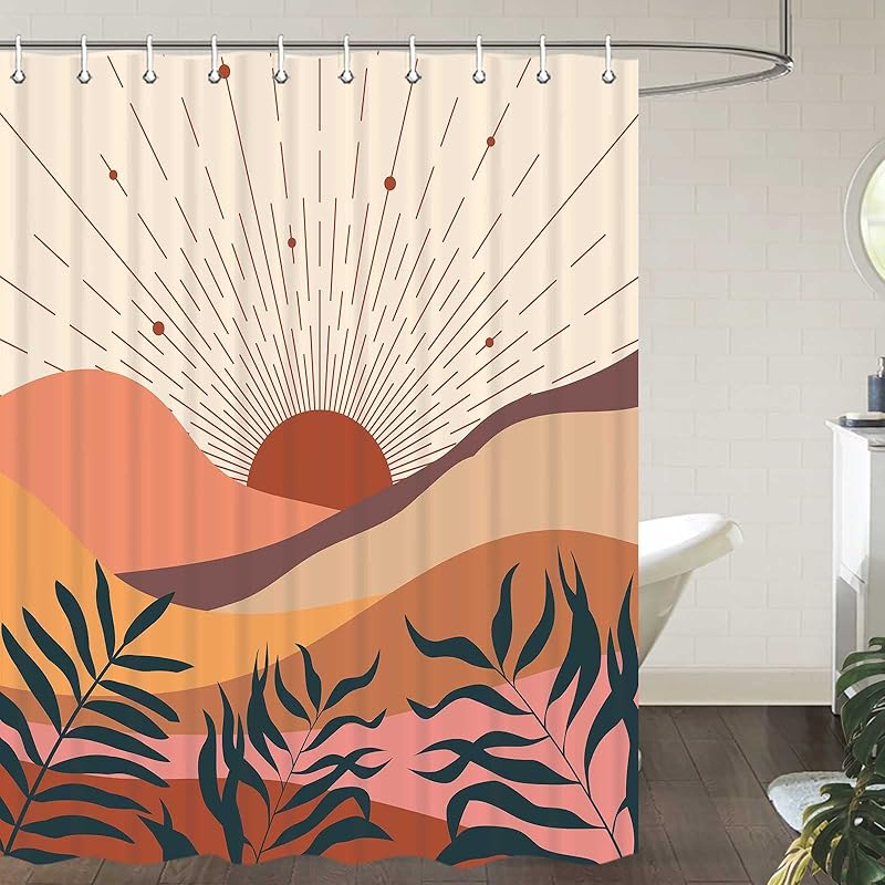 Boho Shower Curtain, Orange Bohemian Mid Century Modern Shower Curtain, Abstract Blue Leaves Plant Grey Minimalist Bathroom Decor Bath Curtain
