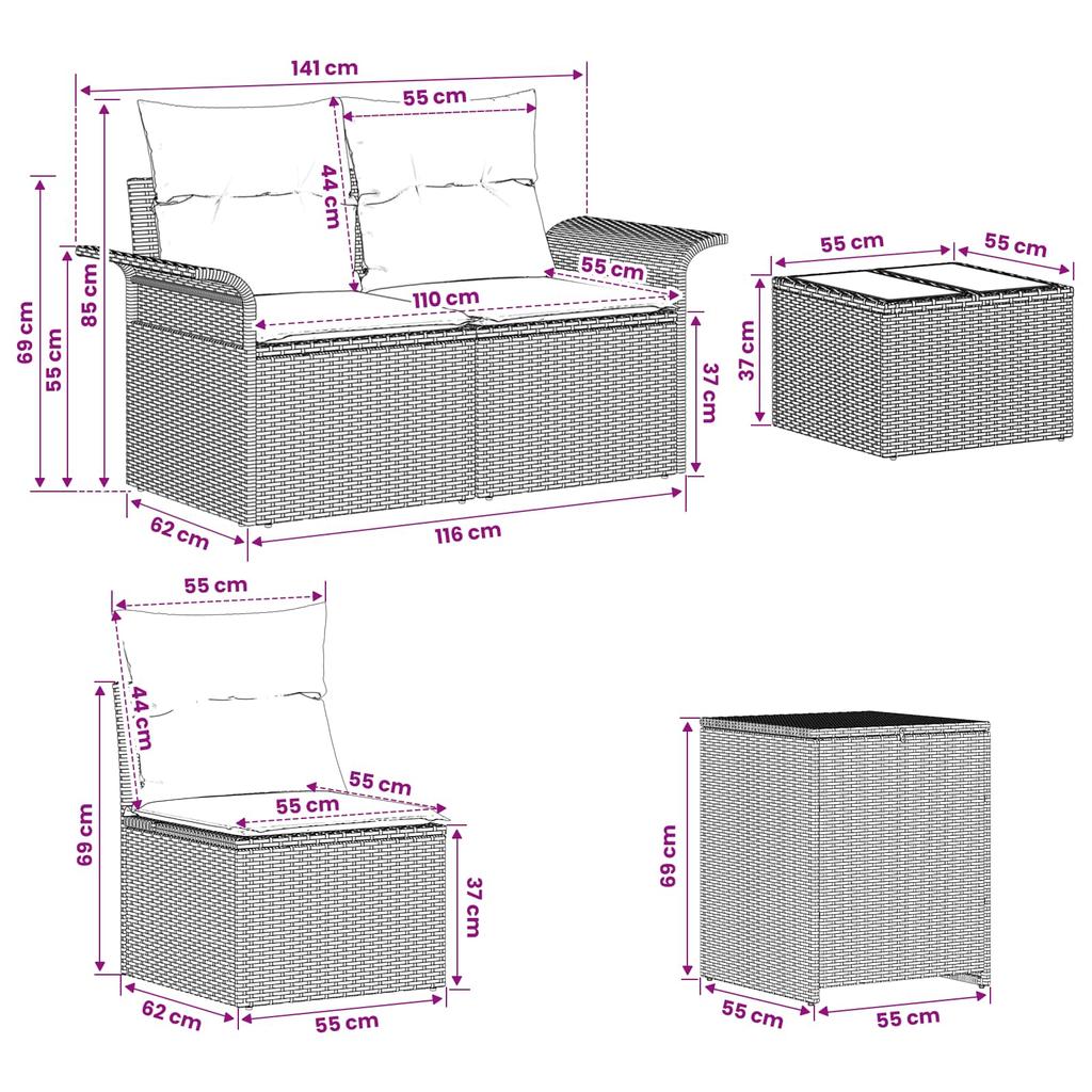 Sofa Set 6 pcs. 4 Seater Beige and Light Grey