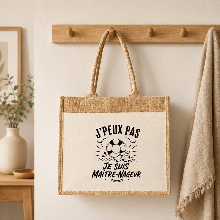 Sac Cabas Jute avec Poche J’peux pas je suis Maître-nageur J'peux pas minimaliste | Toile de Jute et Coton 21 L Fond Plat Anses 65