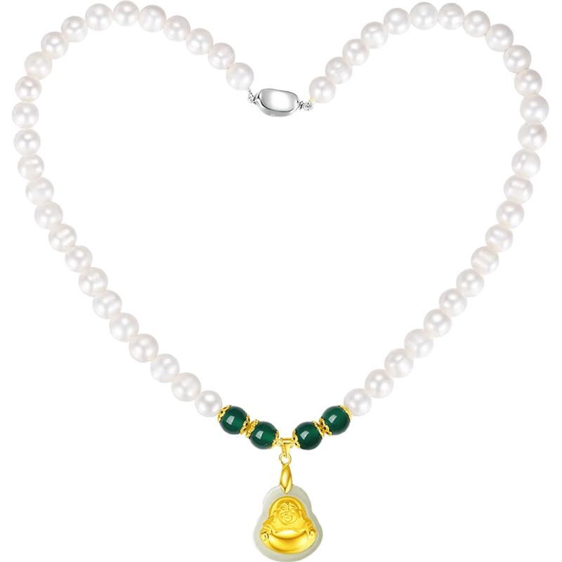 CHOW TAI KING Freshwater Pearl & Jade Maitreya Buddha Pendant Necklace