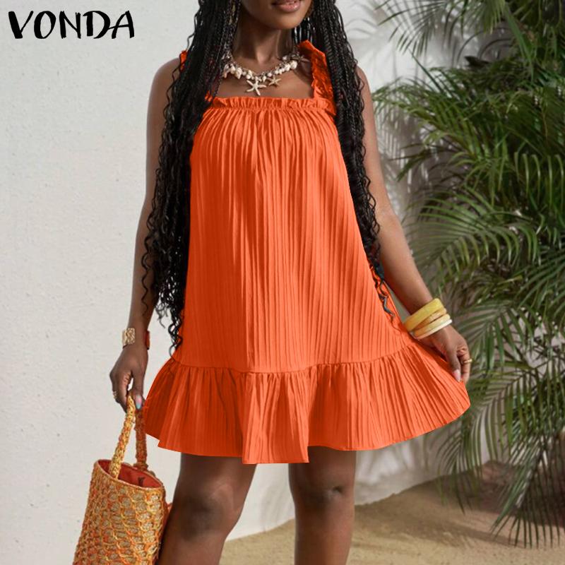 

VONDA Летнее женское квадратное воротниковое повседневное плиссированное мини-платье с рукавами-бретельками и оборками 5XL оранжевый