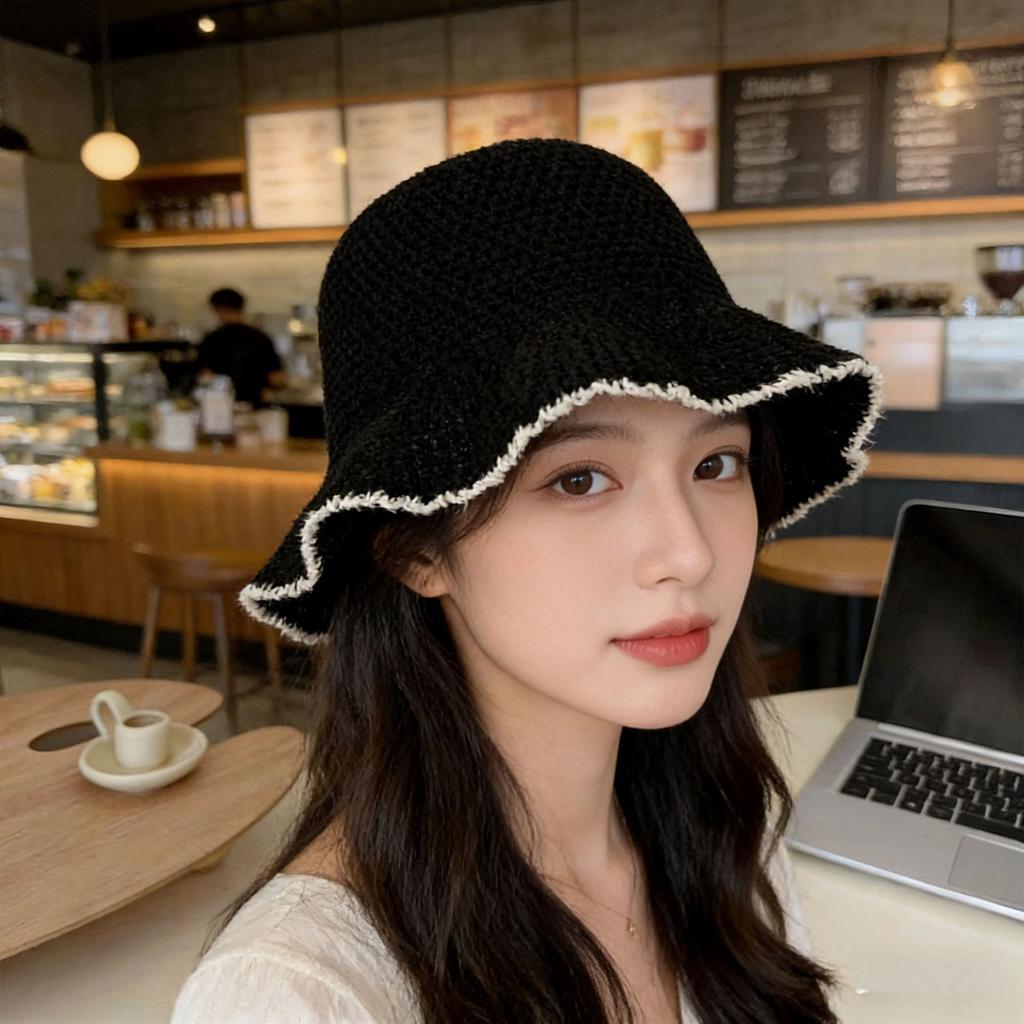 Color knitted hollow breathable bucket hat women's summer outdoor face small sunshade bucket hat women's basin hat