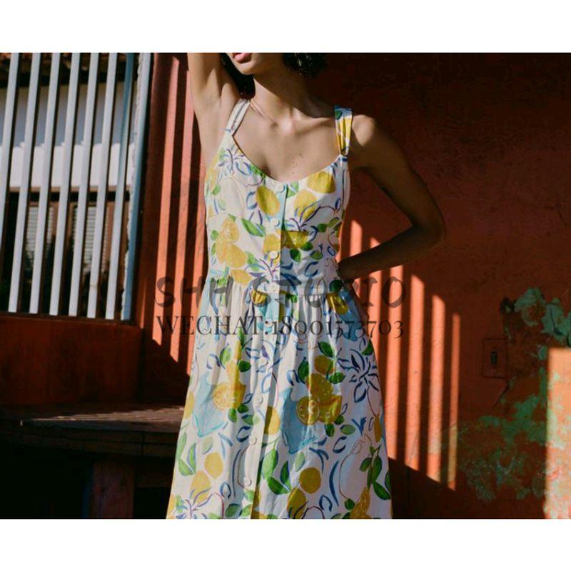 Spring New Sea Edge Vacation Style Round Neck Wide Shoulder Strap Linen Blend Print Midi Skirt Dress 3611306