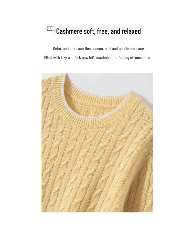 Women's Cashmere Color Block Cable Knit Sweater - Round Neck, Long Sleeve, Loose Fit