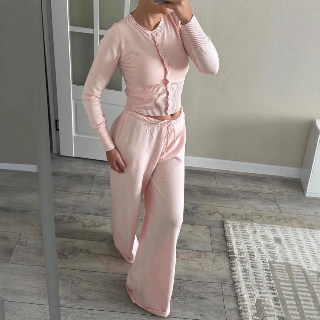 Women's Summer Fashion Knit Cardigan and Pants Set – Button Front, Long Sleeve, Round Neck