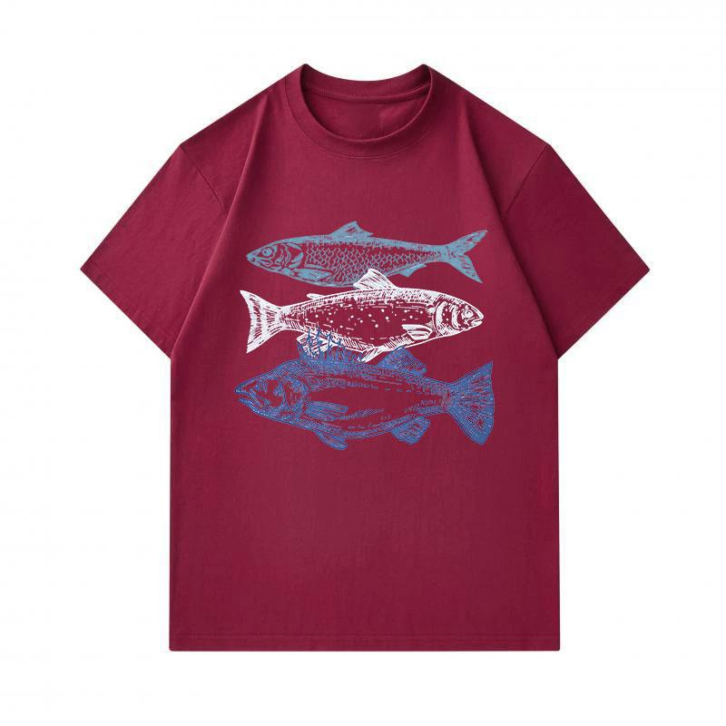 Men's 100% Cotton Crew Neck Short Sleeve T-Shirt, Casual Retro Three Fish Printed Comfortable Tee, Lightweight Breathable Daily Summer Top for Men
