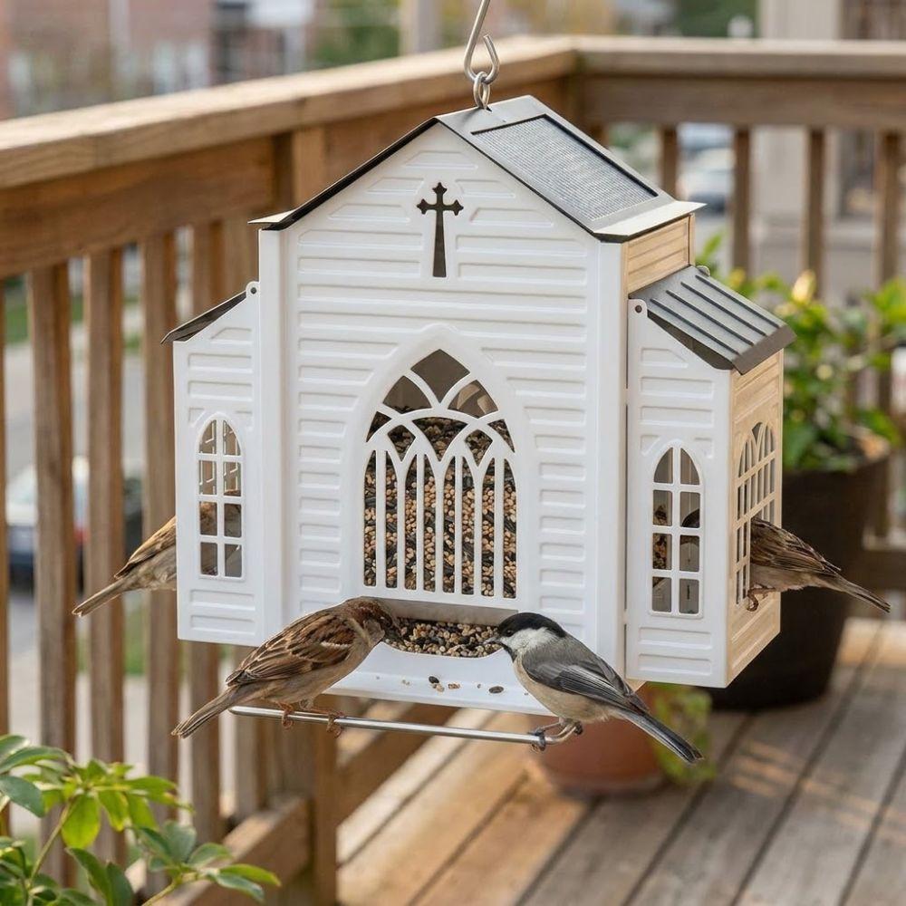 LED Lights Solar Bird Feeder Heavy-Duty House Shape Hanging Wild Bird Feeder Solar-Powered Bird Cage Bird Feeding Station