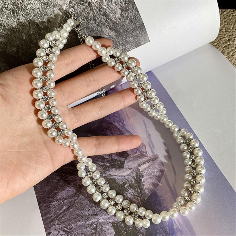 Imitation Pearls Beaded Necklace with Zircon Multi-layered Clavicle Chain Fashionable Jewelry for Everyday Outfits