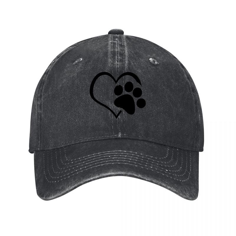 Paw Print Heart Logo Washed Cotton Baseball Cap Unisex Adjustable Hat for Pet Lovers Casual Streetwear Style
