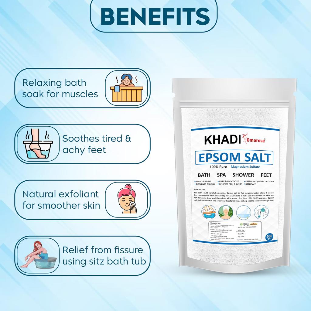Khadi Omorose Epsom Bath Salt Crystal and Bath | For refreshing bath soak | Foot Spa | Relieves aches & pain - 500 Gram
