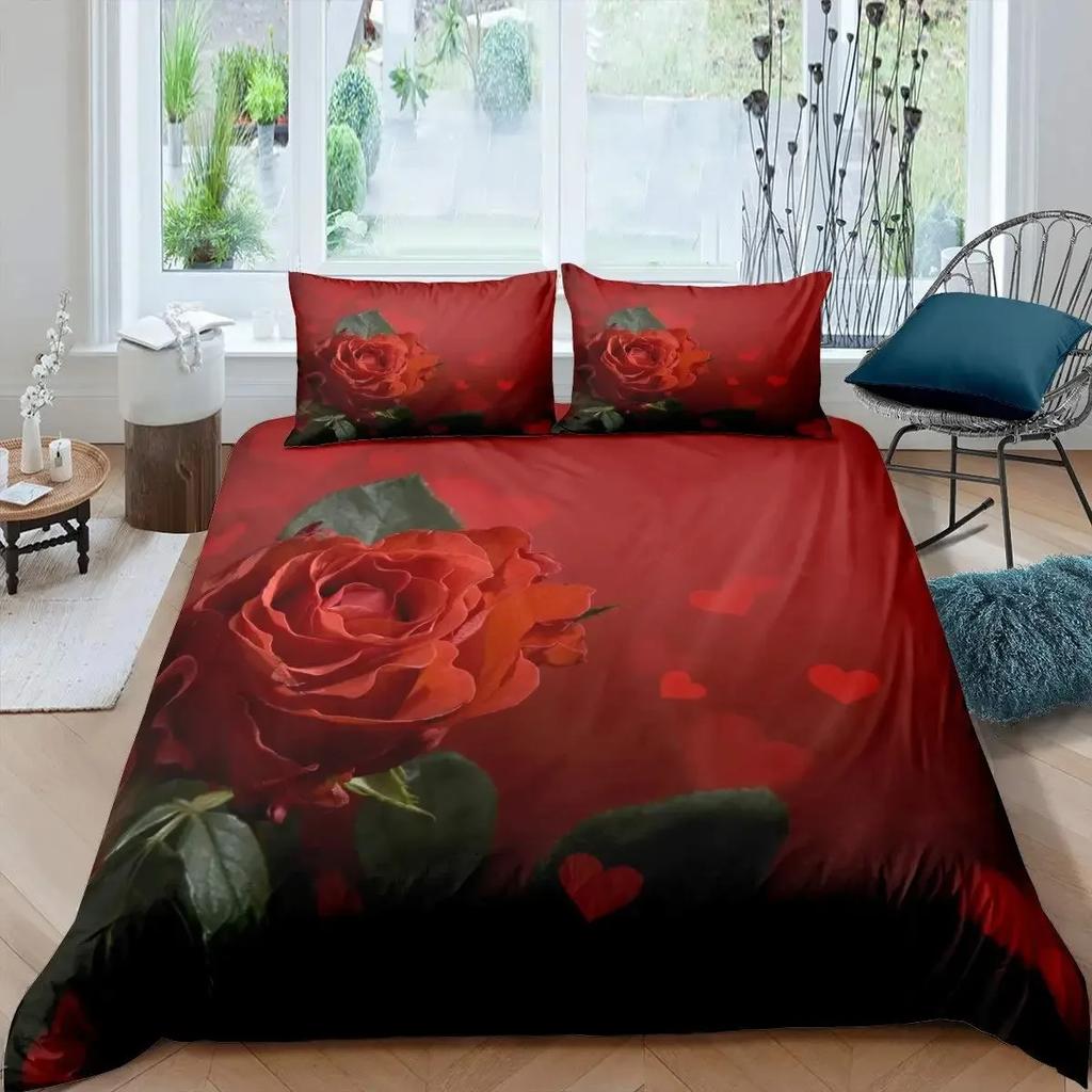 Valentine'S Day Rose Duvet Cover Set Romantic Couple Theme Bedding Set 3D Rose Comforter Cover Set Love Bedspread Twin King Size