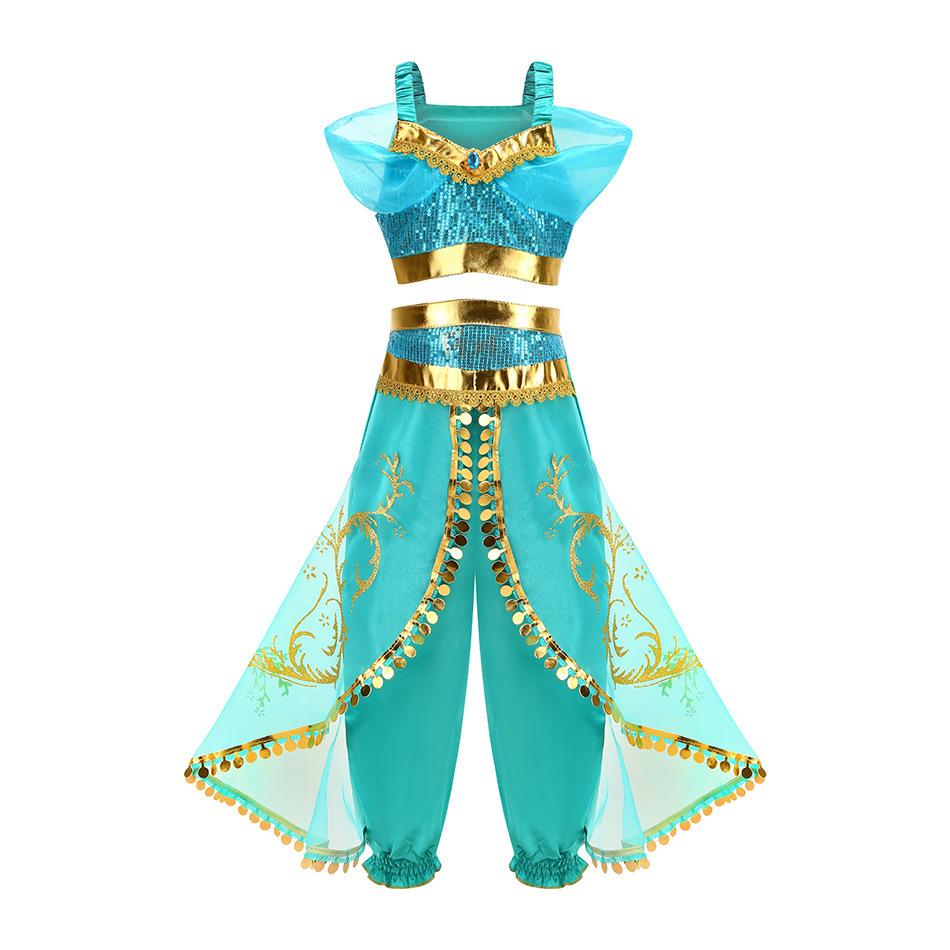 Disney Princess Jasmine Classic Puff Sleeve Princess Cosplay Costume Christmas Cos Aladdin Magic Lamp Dress 110cm