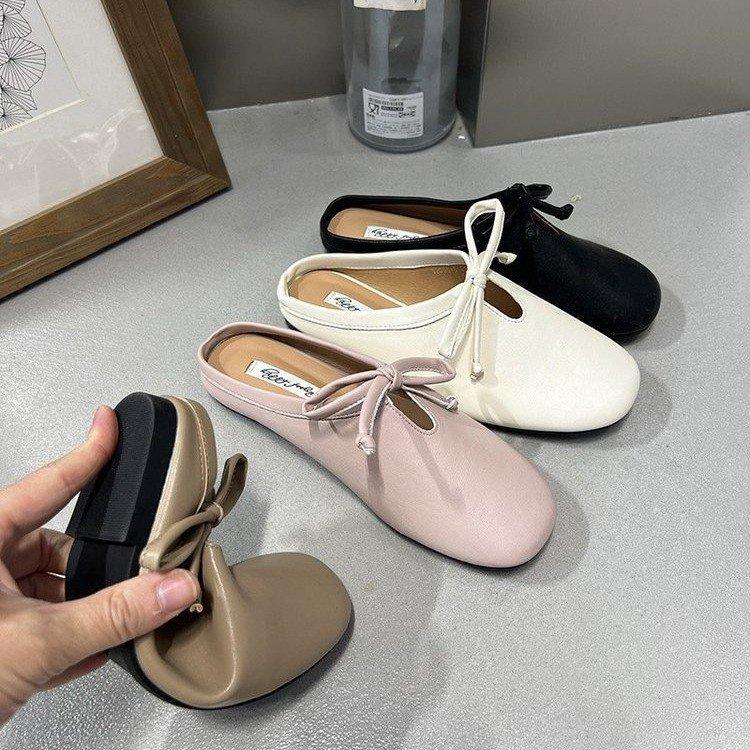 Thick heel half slippers retro evening breeze bow single shoes spring and summer design French women's shoes black loafers