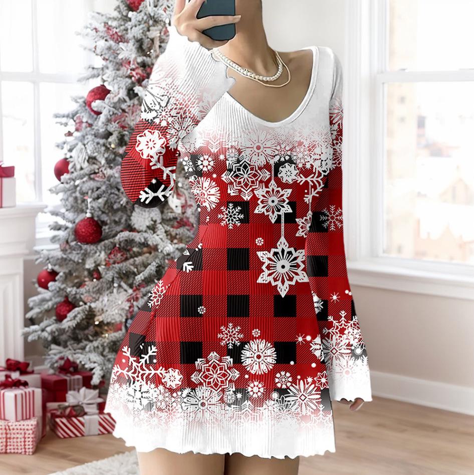 

American Chic V-Neck Pleated Half Skirt - Women s Elegant Christmas Style 5XL