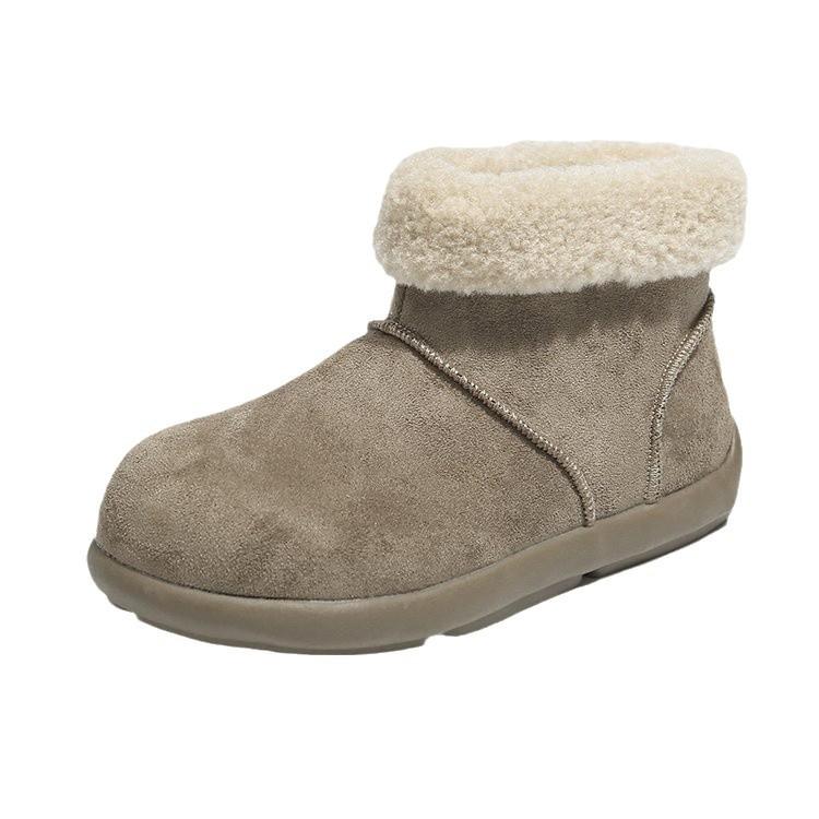 Verze z měkké kůže~ retro kulatá špička ošklivé roztomilé kotníkové boty dámské sametové nízké sněhule teplé velké bavlněné boty na silné podrážce nadýchané boty