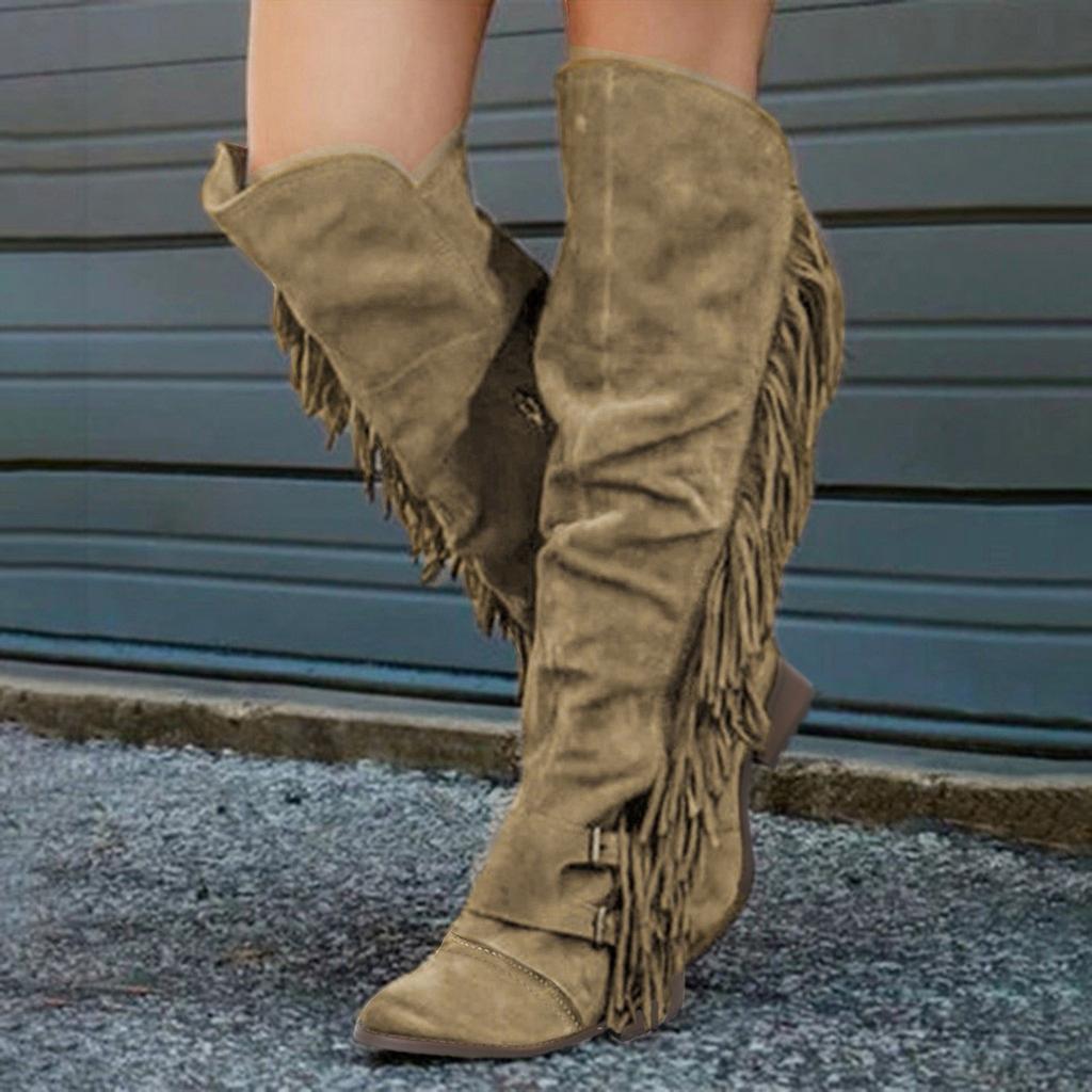 Dames Retro Vetersluiting Lange Laarzen Franje Vintage Knie Vetersluiting Lange Laars Vrouw Winter Mode Katoen Warm Sneeuwschoenen Met Kwastje