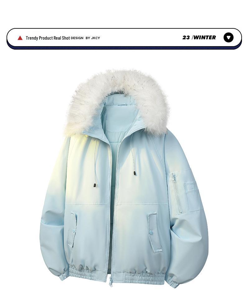 Winter Cotton Hooded Jacket with Removable Fur Collar - Windproof, Warm, and Lightweight for Couples