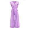 Women Slim High Waist Wide Leg Jumpsuit Sleeveless Ruffle V Neck Pleated Pants