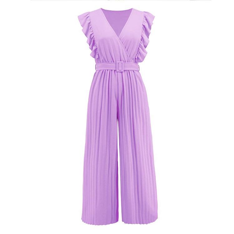 Women Slim High Waist Wide Leg Jumpsuit Sleeveless Ruffle V Neck Pleated Pants