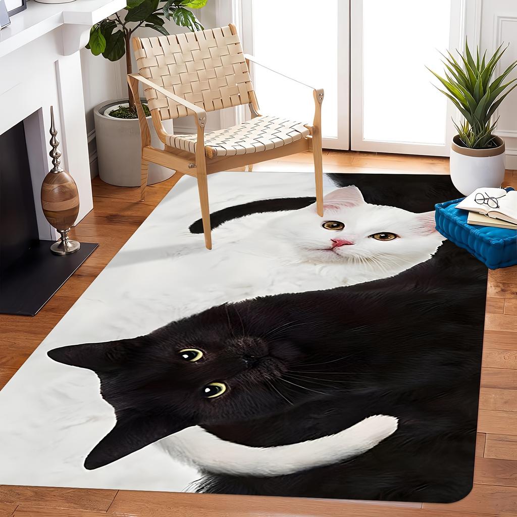 Minimalist Black & White Cat Door Mat, Creative Animal Art Non-Slip Rug, Washable Decor Carpet for Home Office Living Room