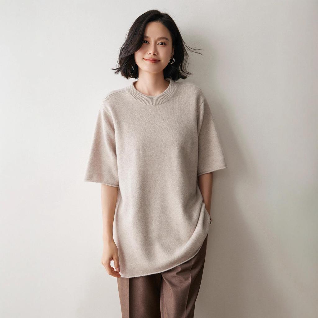 Loose-Fit Cashmere Sweater: Mid-Length, Short-Sleeve, Round Neck, Slim Fit, Autumn/Winter Knitwear