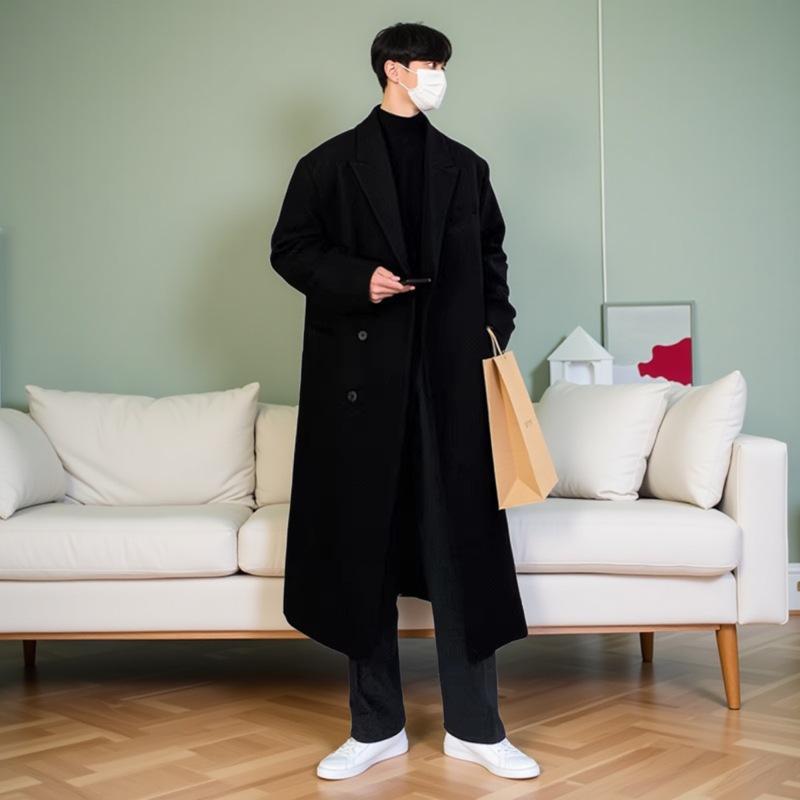 Men's Korean Style Long Wool Overcoat - Winter Casual Thickened Trench Coat Trend