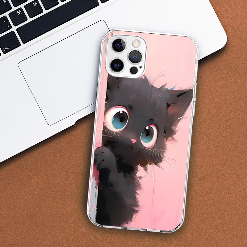 Anime Cute Black Cat Meow Phone Case For Apple iPhone 11 12 13 15 14 Pro 7 XR X XS Max 8 Plus + Mini SE Customized Print Soft Co