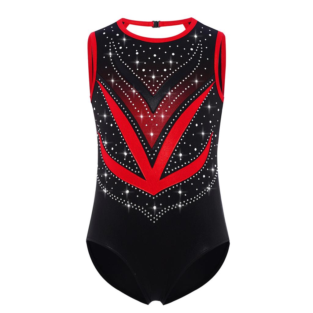 Girls Gymnastics Leotard Sleeveless Crisscross Cutout Back with Mesh Patchwork Shiny Rhinestones Bodysuit