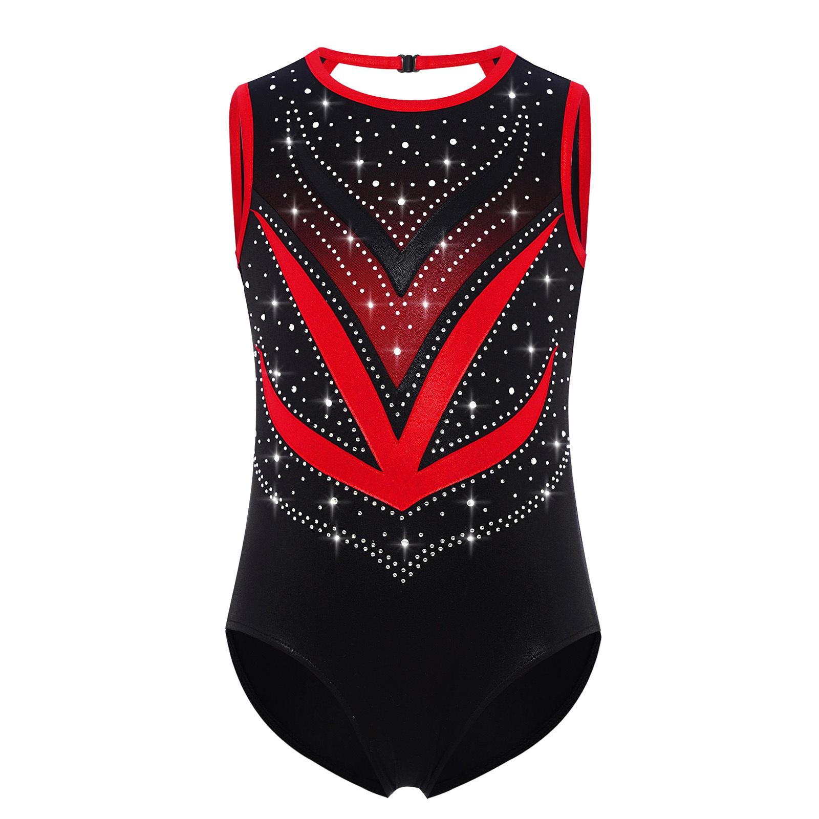 

Girls Metallic Gymnastics Leotard Sleeveless Criss Cross Cutout Back Mesh Patchwork Sparkly Rhinestones Contrast Color Bodysuit 5-6 Years червоний
