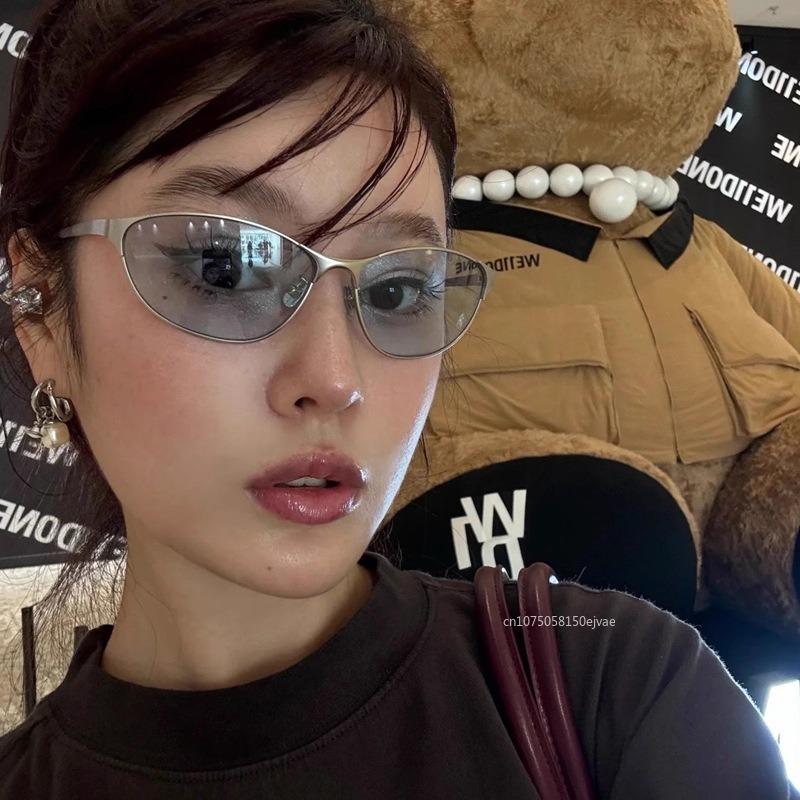 Y2K Silver Sunglasses Male Female European American Style Oval Shape Wind Proof Female's Sun Spectacles Punk Sports Sunglasses