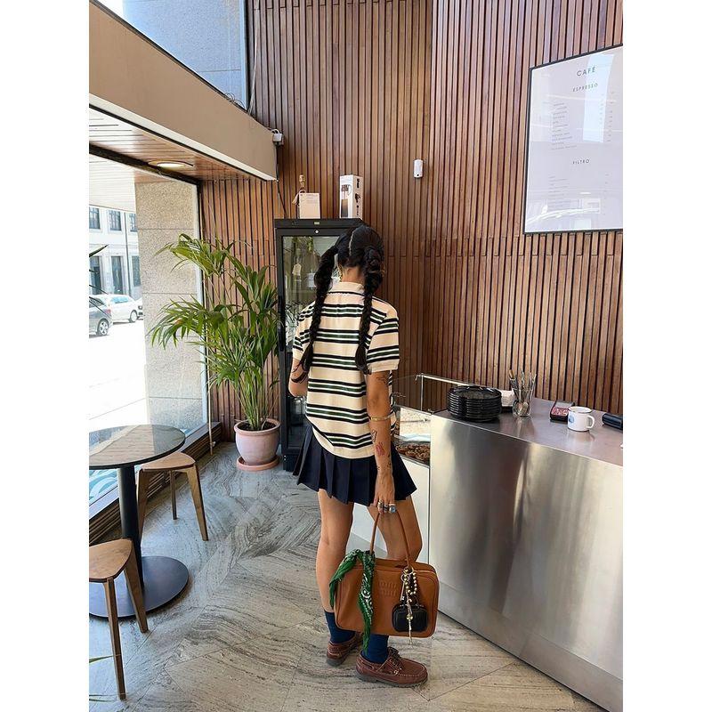 Lioness * American Girl Retro Style Polo Shirt Collar Contrast Color Stripes Short Sleeve Preppy Style Casual All-Matching Tops