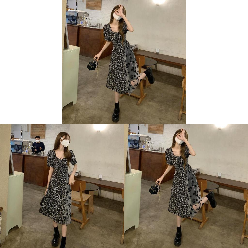 Floral Square Neck Dress For Women With Mesh Patchwork Summer Style