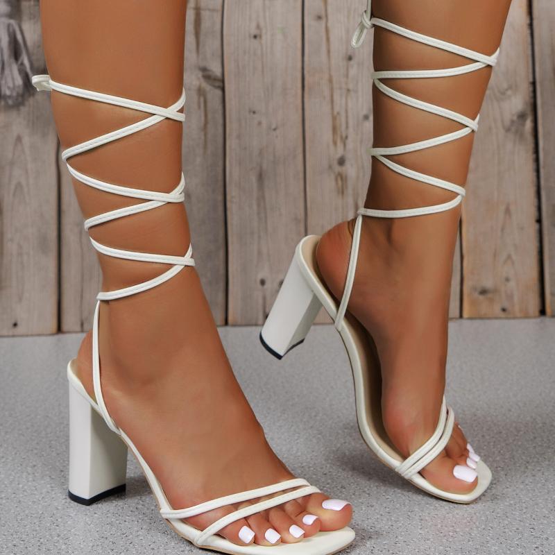 New Summer Elegant Lace-up Solid Color Square-toe Banquet High Heels Open Toe Fashion Thick Heels Sexy Women's Sandals