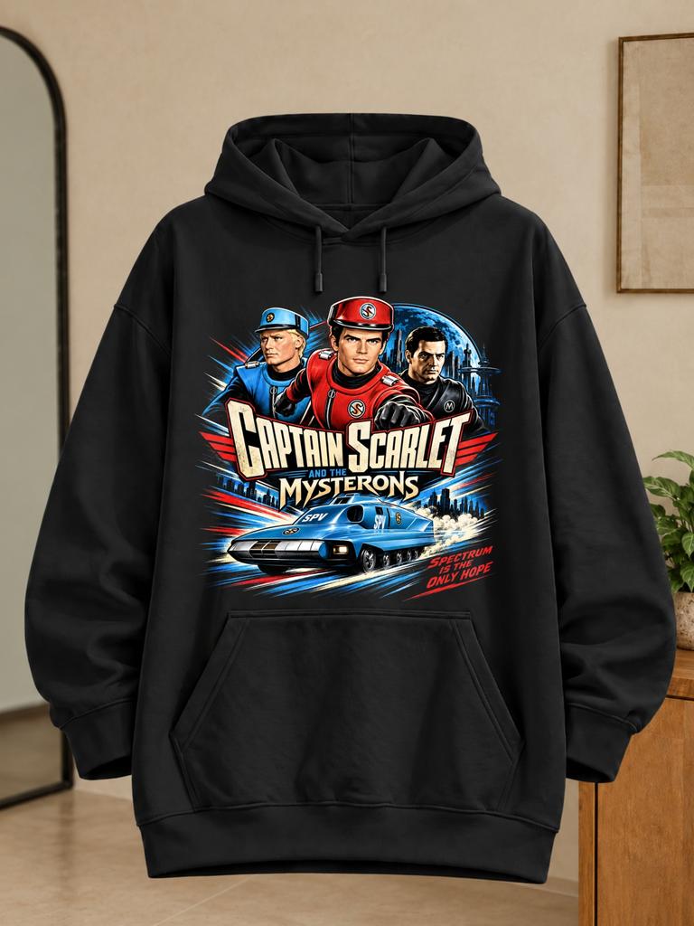 Unisex Hoodie Tain Scarlet and the Mysterons Three Sci-Fi Characters with Blue SPV Vehicle City Backdrop and Spectrum Is the Only Hope Text