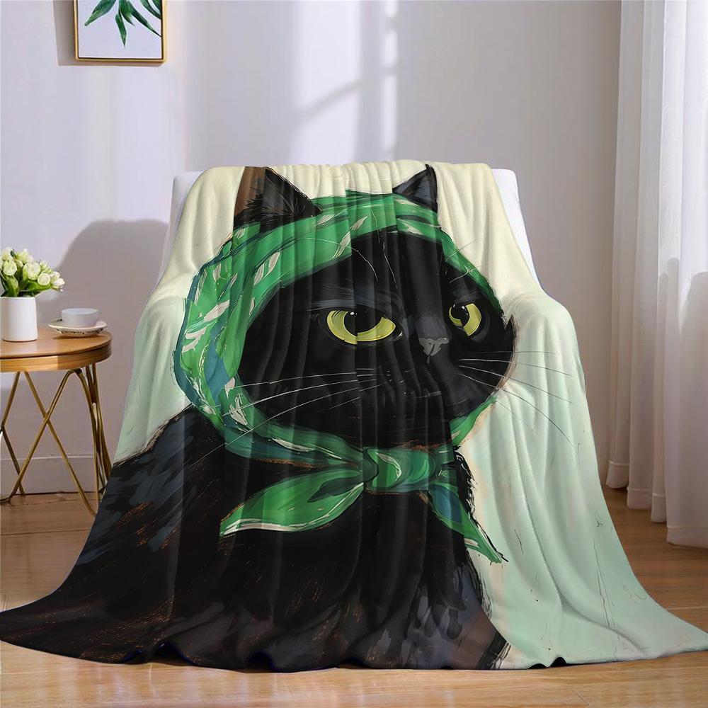 Chic Black Cat with Green Headscarf Flannel Blanket Warm Soft Halloween Christmas Couch Warm Cozy Decorative for All Season