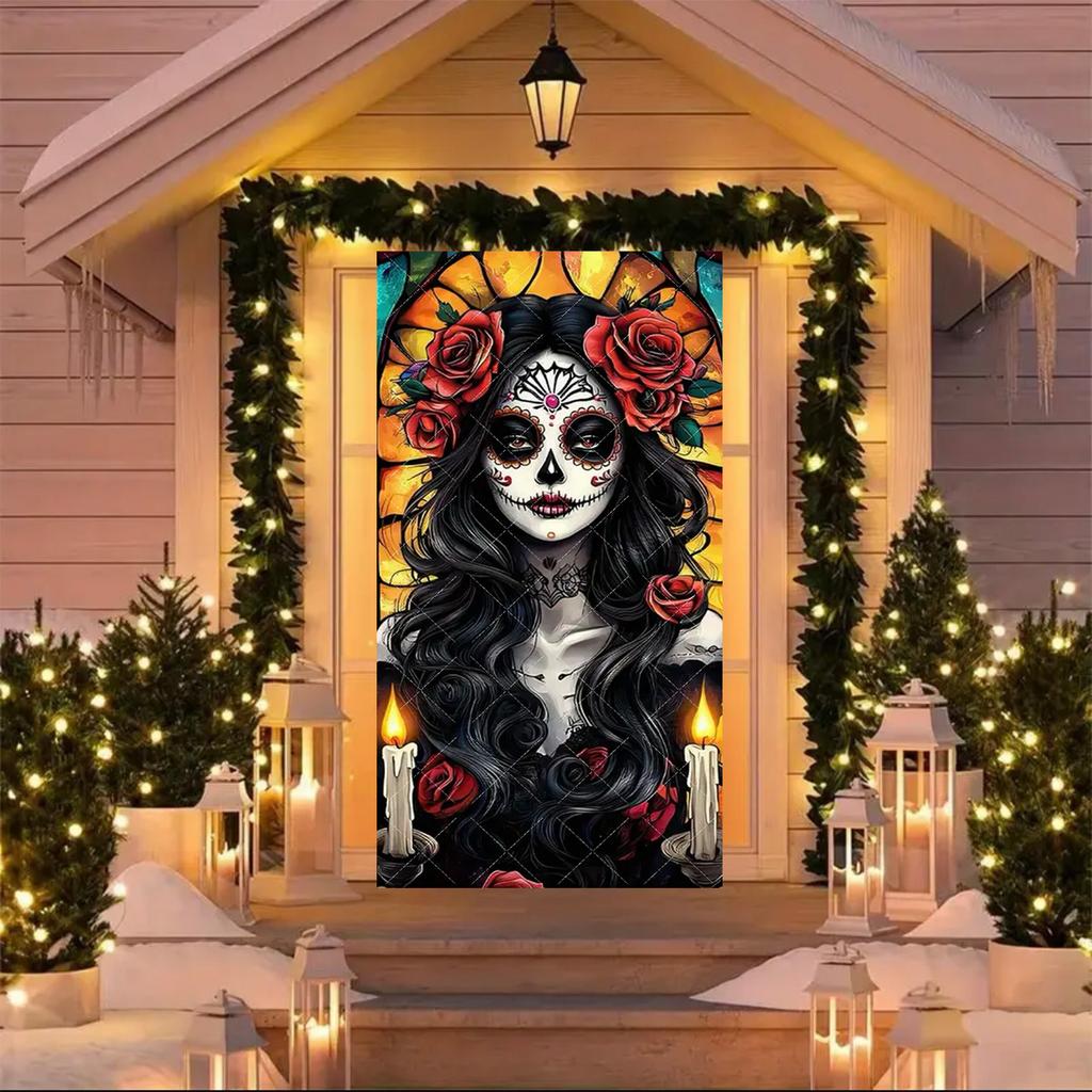 Copri Porta Giorno dei Morti Messicano Sfondo Scena Giorno dei Morti Decorazione Festa Fiore Messicano Teschio Scheletro Candela Striscione Festa