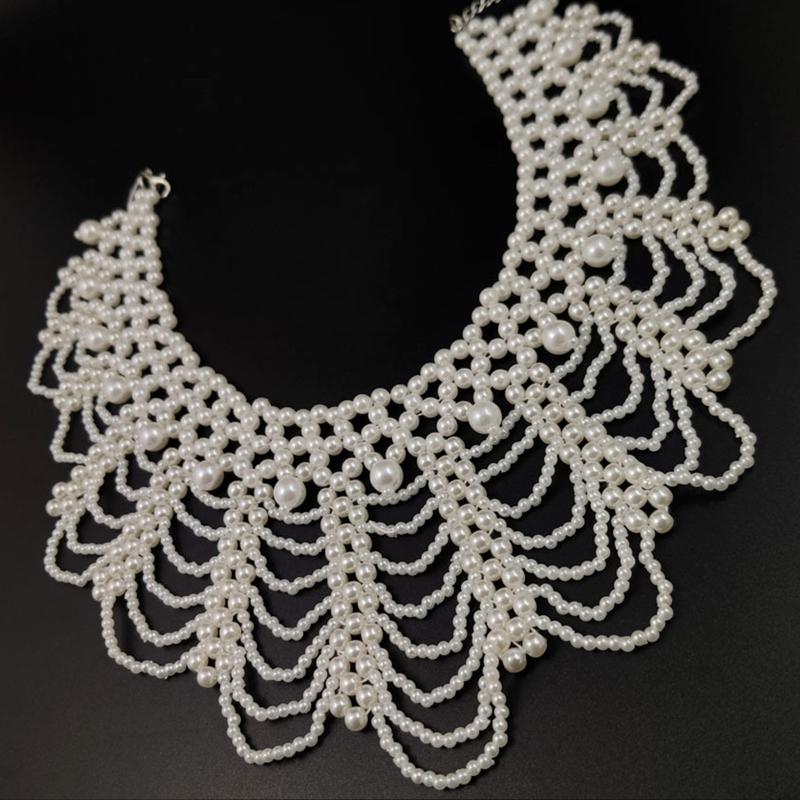 Handmade Layered Pearls Choker Necklace Luxurious Body Chain Shoulder Shawl Collar for Women Body Jewelry Accessory