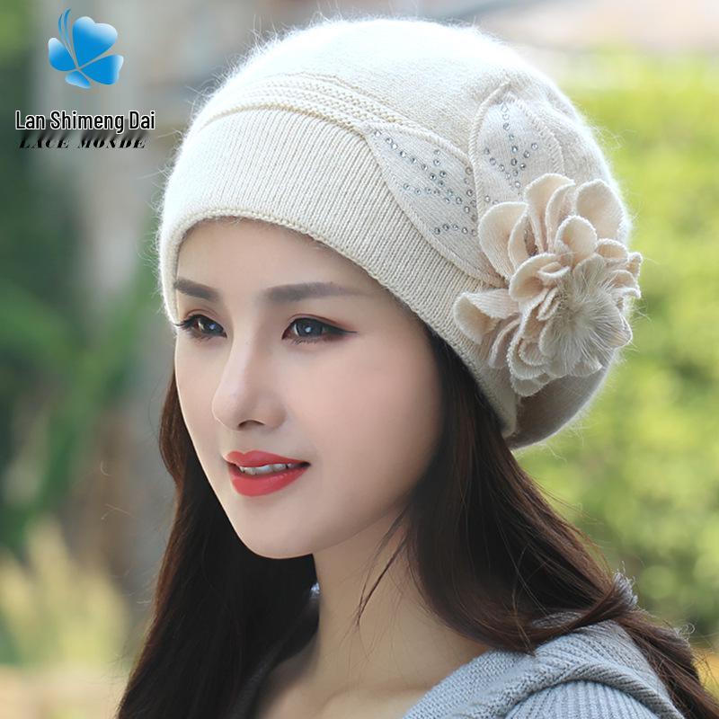 Women's Thick Velvet-Lined Rabbit Fur Knit Beret for Autumn/Winter: Korean Style with Ear Protection