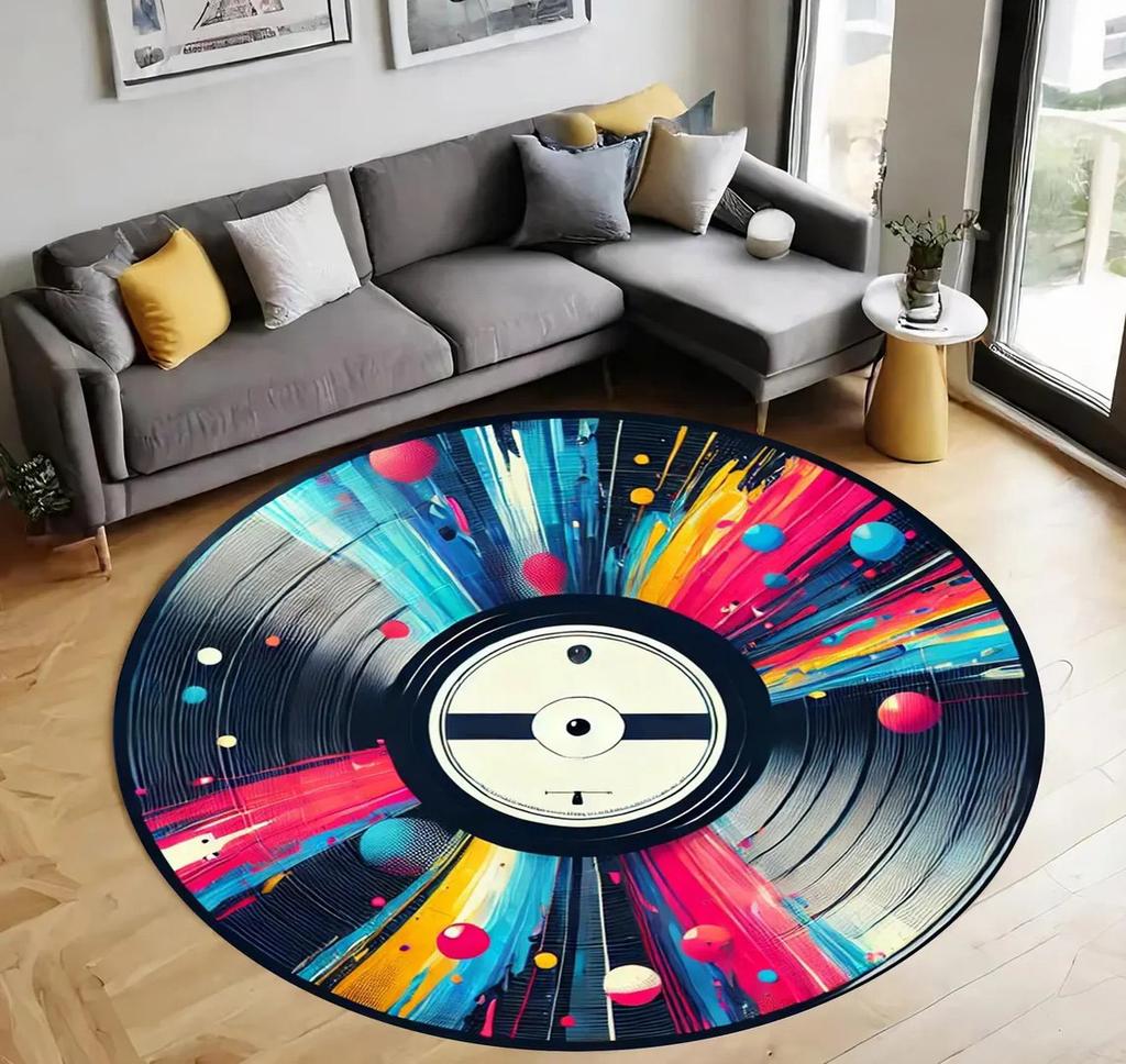 Music Theme Plaque Rug, Round Rug with Music Pattern, Music Motif, Movie Music Cd Carpet, Music Notes Non-slip Floor Mat