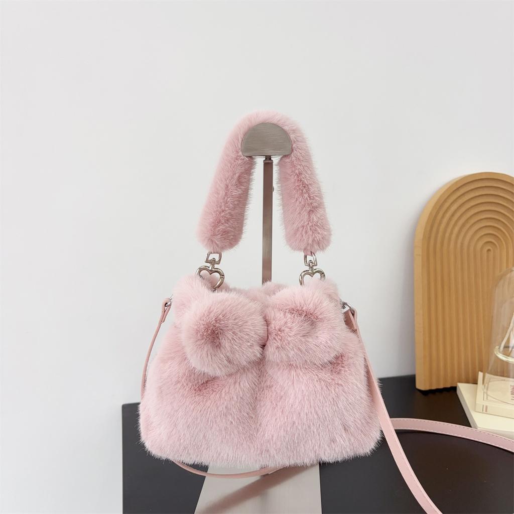 Cute Ball Faux Fur Shoulder Bags for Women Winter Furry Bowknot Bucket Crossbody Bag Solid Color Female Soft Plush Handbags