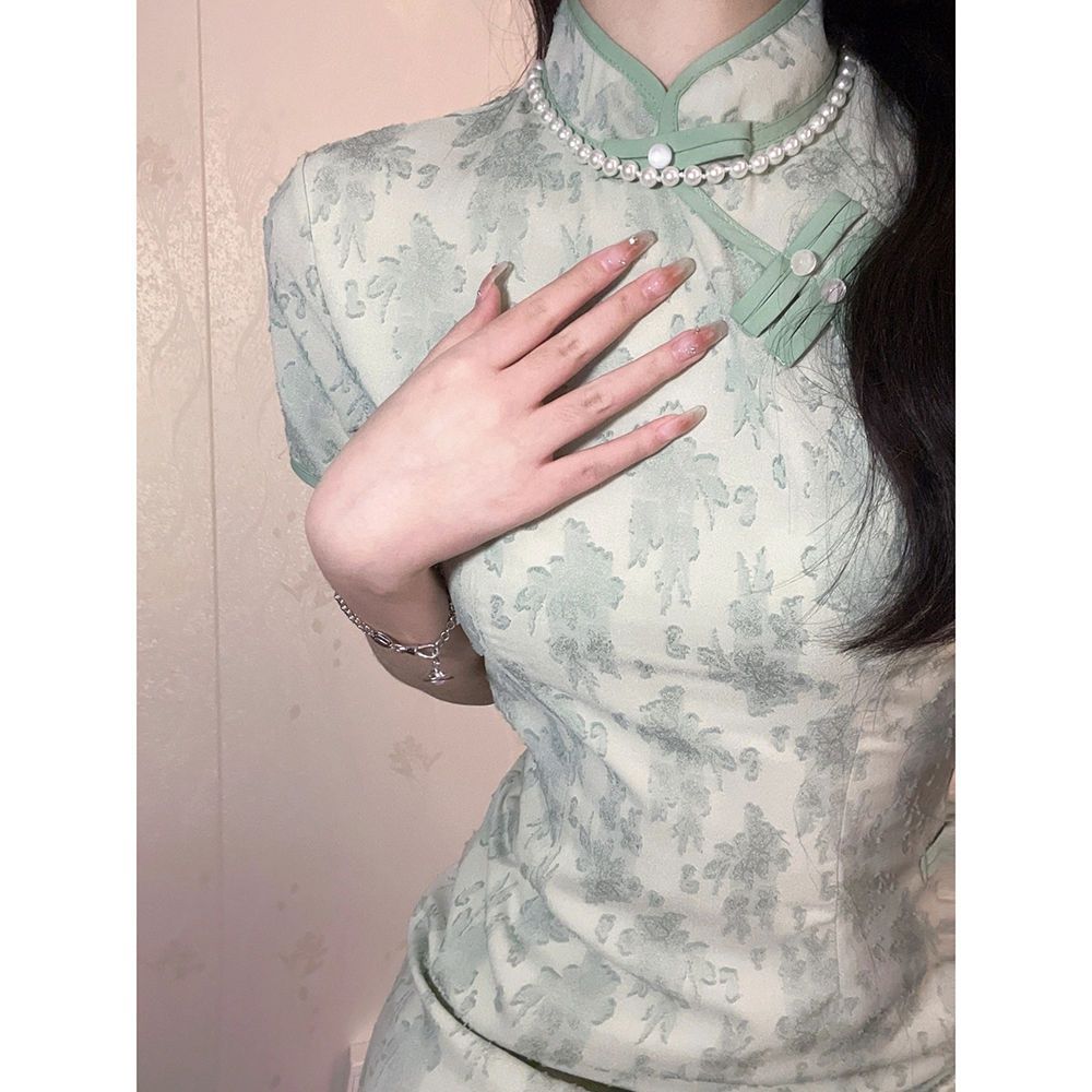 New Chinese style simple and elegant Zen tea clothes cheongsam women's summer new young girl slim and thin dress