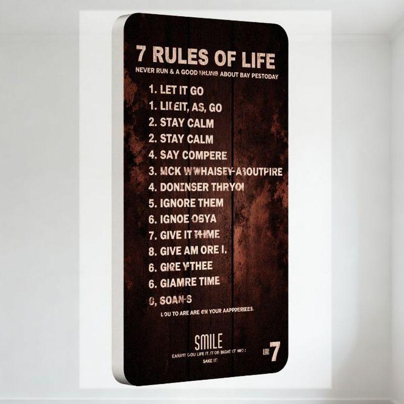 7 Rules of Life Retro Wooden Texture Metal Tin Sign Vintage Distressed Plaque for Home Office Man Cave Decor with Misspelled Rul