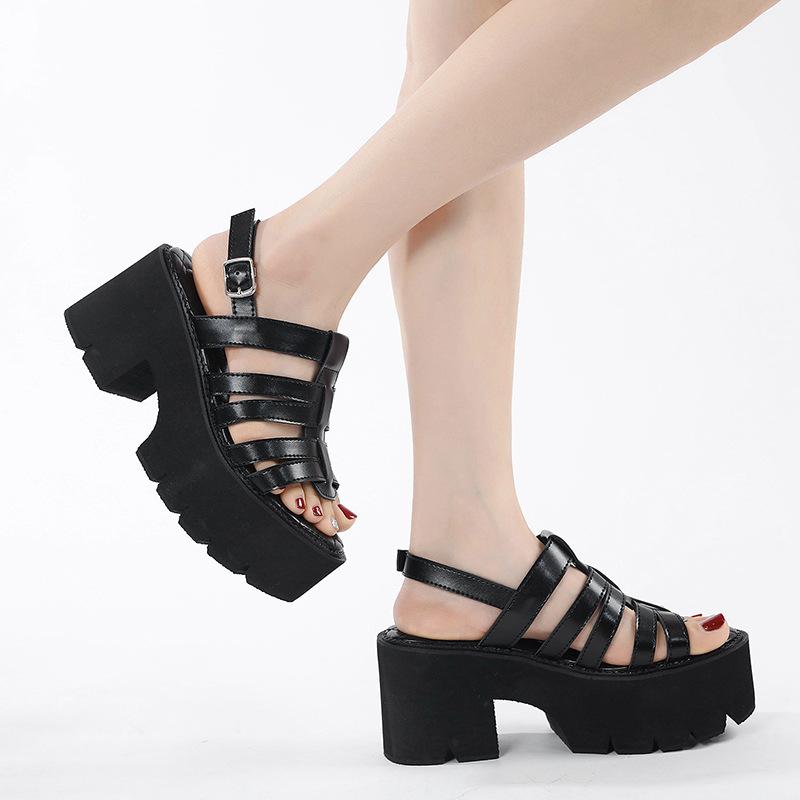 8cm black chunky heel sandals platform ankle strap high heel sandals walking shoes block heel gladiator sandals pumps High heels