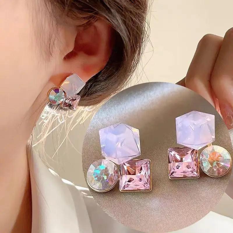 Sweet And Colorful Cubic Crystal Earrings, Women'S Fashionable Jewelry Earrings, Geometric Design Versatile Earrings