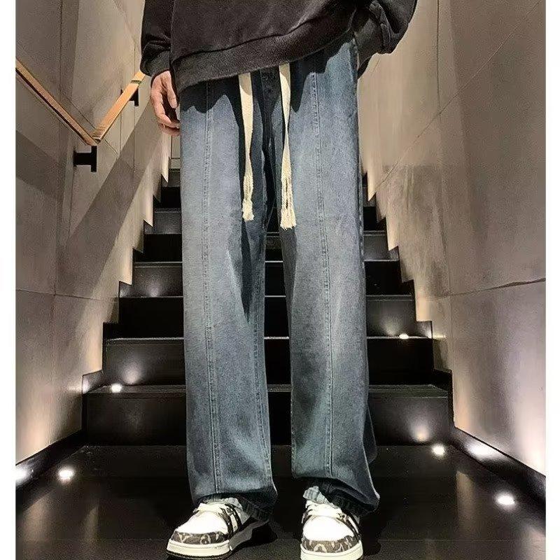 Drawstring straight jeans men's Korean version loose drape versatile trend ins student Harajuku wide-leg trousers