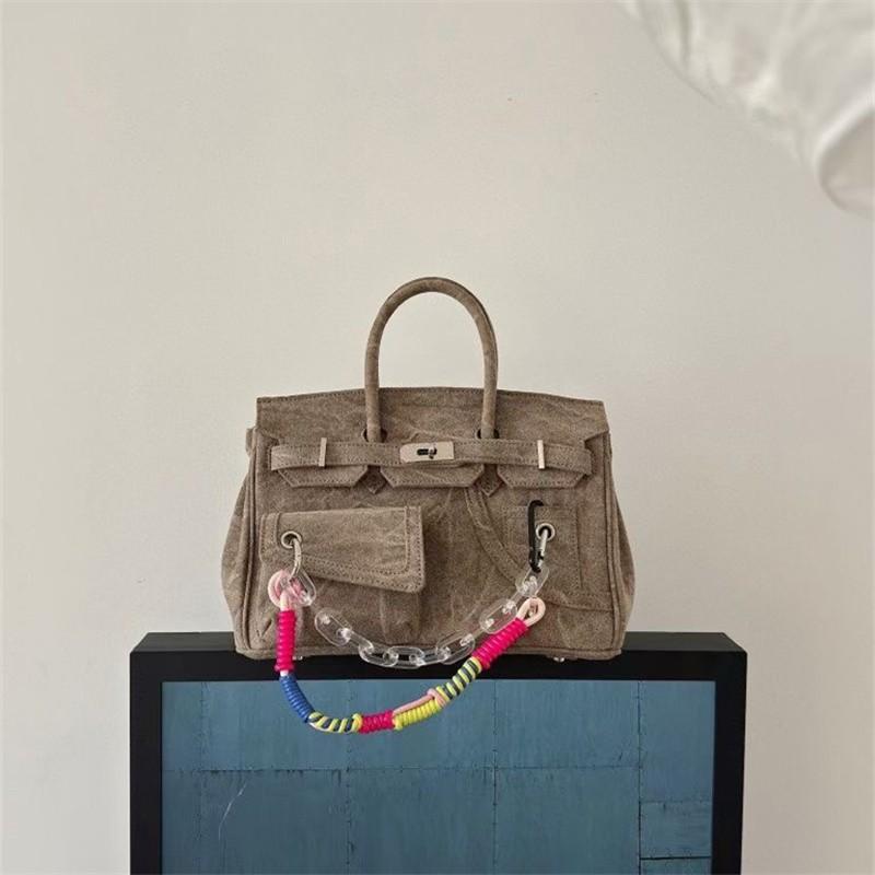 Vintage Distressed Canvas Tote Bag With Rope Detail Unisex Small Shoulder Handbag Black Grey Blue Brown
