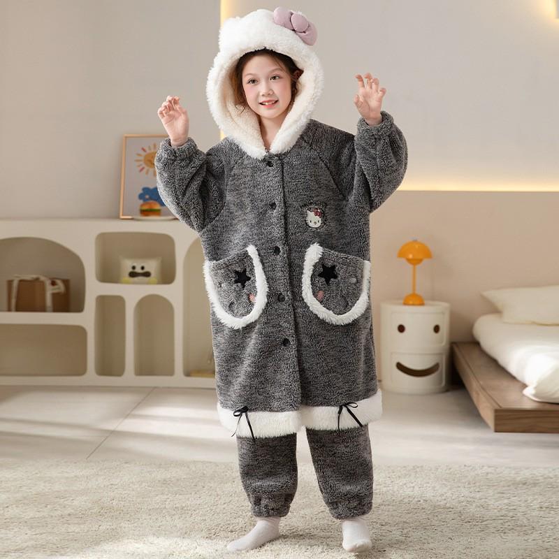 Girls Winter Coral Fleece Pajama Set Long Sleeve Hooded Sleepwear Kids 8 Years Soft Warm Home Outfit