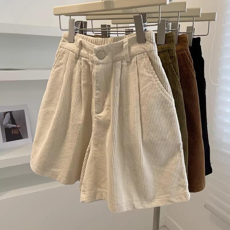 Short Autumn and Winter Casual Pants for Women High Waisted and Slim Hong Kong Style Corduroy Loose Wide Leg Shorts