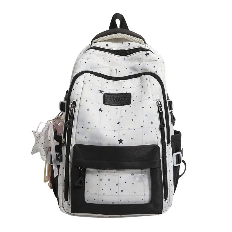 Cute Star Print School Backpack Lightweight Nylon Zipper Daypack with Clear Pocket for Teen Girls Daily Travel