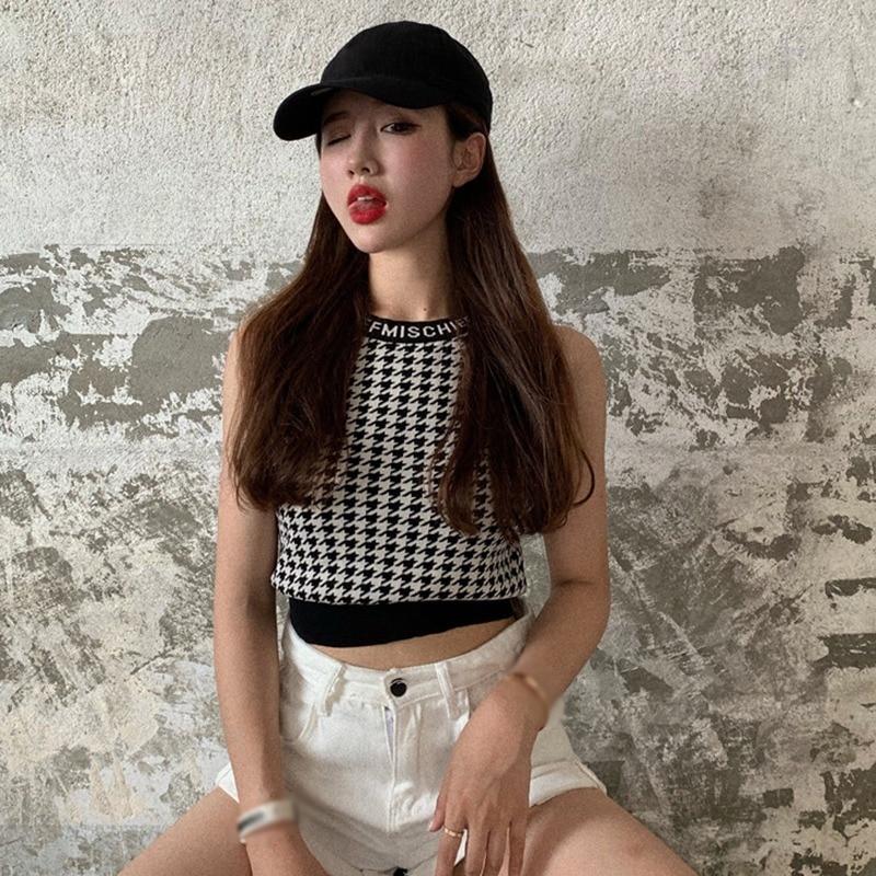 Houndstooth Camisoles for Women Sleeveless Lightweight Knitted Top Crop Top Preppy Style Tank Tops